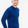 INTI0348 INTI ALPACA Irish Aran Sweater for Men - Hand Cable Knitted Crewneck Pullover in Blue Melange Alpaca Wool