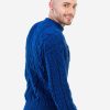 INTI0348 INTI ALPACA Irish Aran Sweater for Men - Hand Cable Knitted Crewneck Pullover in Blue Melange Alpaca Wool
