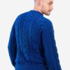 INTI0348 INTI ALPACA Irish Aran Sweater for Men - Hand Cable Knitted Crewneck Pullover in Blue Melange Alpaca Wool