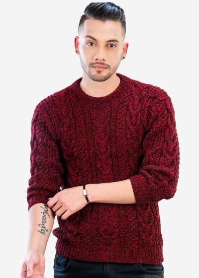 INTI0349 INTI ALPACA Irish Aran Jumper for Men - Hand Cable Knitted Crewneck Pullover in Red Melange Alpaca Wool