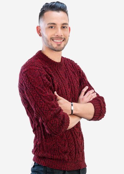 INTI0349 INTI ALPACA Irish Aran Jumper for Men - Hand Cable Knitted Crewneck Pullover in Red Melange Alpaca Wool