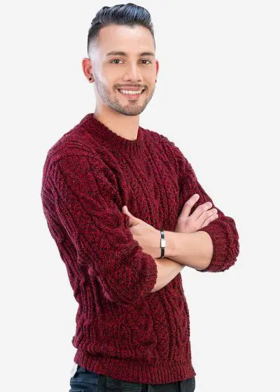 INTI0349 INTI ALPACA Irish Aran Jumper for Men - Hand Cable Knitted Crewneck Pullover in Red Melange Alpaca Wool