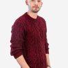 INTI0349 INTI ALPACA Irish Aran Jumper for Men - Hand Cable Knitted Crewneck Pullover in Red Melange Alpaca Wool