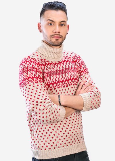 INTI0351 INTI ALPACA Mens Turtleneck Sweater for Christmas Season - Winter Jumper in Red and Beige Alpaca Wool