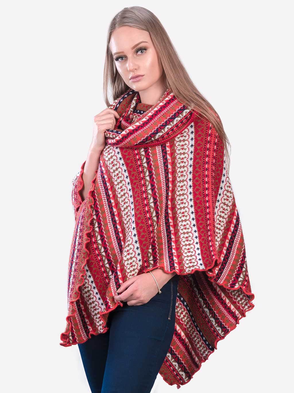INTI0353 INTI ALPACA Red Alpaca Poncho for Women - Christmas Cape Coat