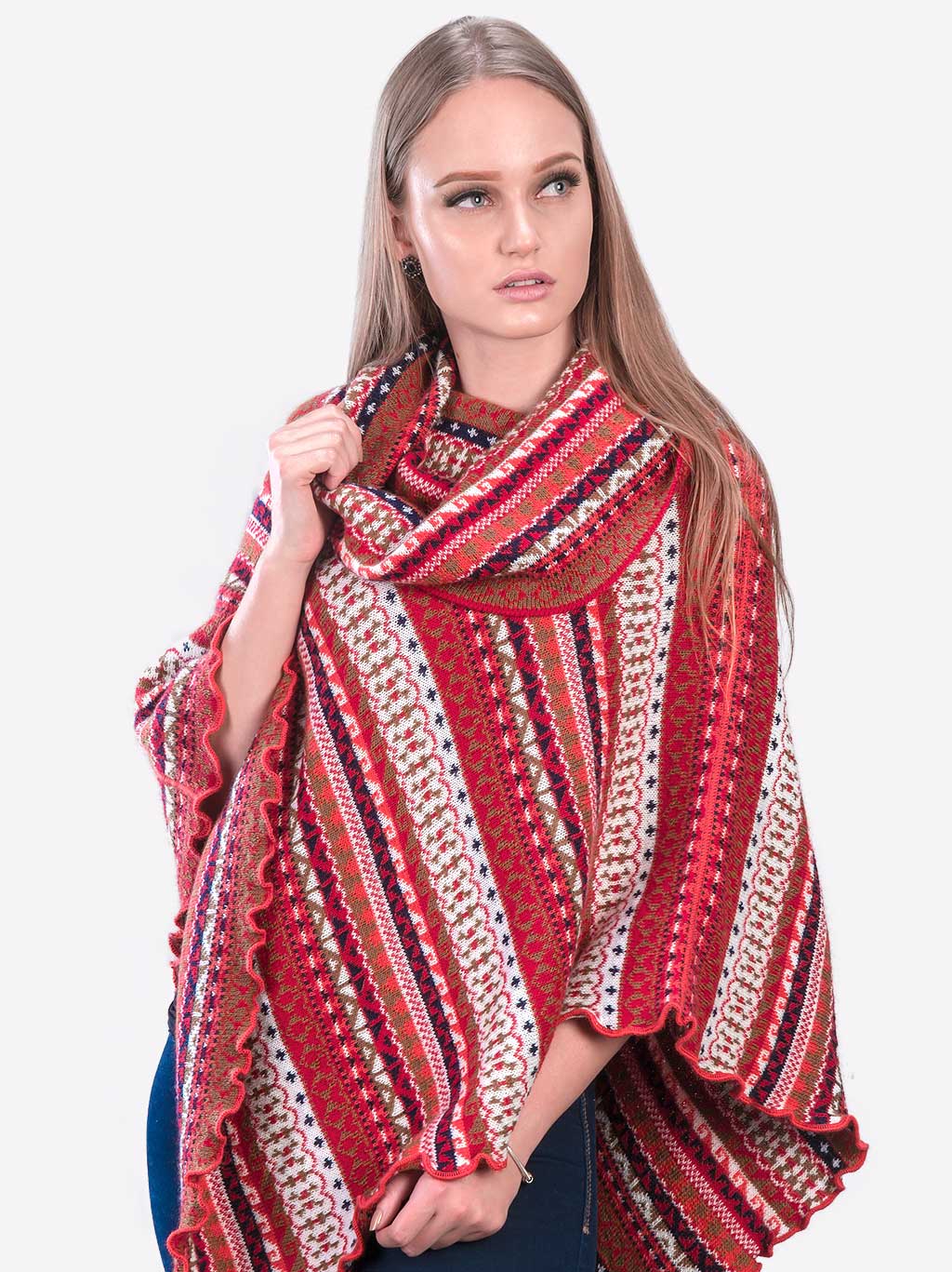 INTI0353 INTI ALPACA Red Alpaca Poncho for Women - Christmas Cape Coat