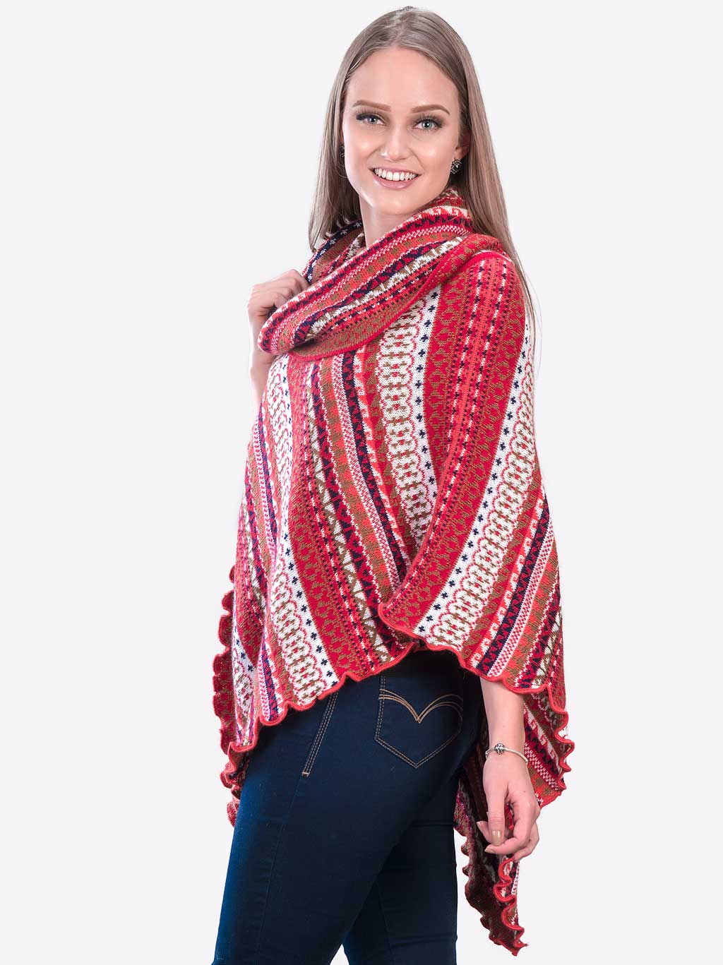 INTI0353 INTI ALPACA Red Alpaca Poncho for Women - Christmas Cape Coat
