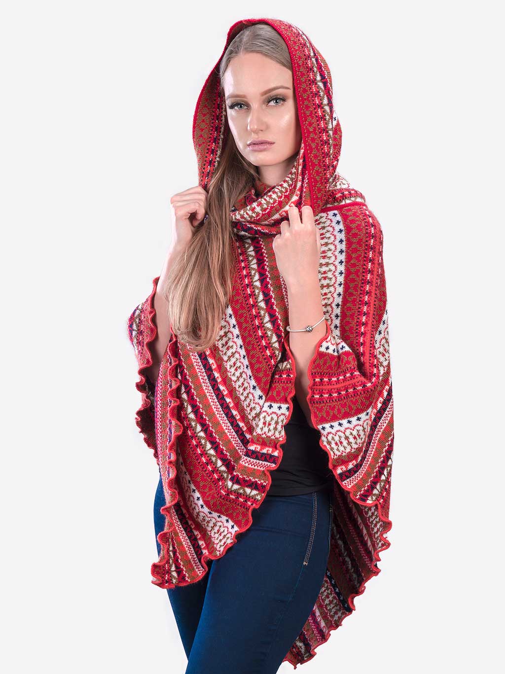 INTI0353 INTI ALPACA Red Alpaca Poncho for Women - Christmas Cape Coat