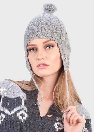 INTI0372 INTI ALPACA Women’s Handmade Ear Flaps Hat knitted with Alpaca Wool for Winter Season - Peruvian Chullo in color Gray