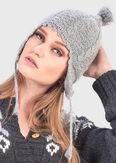 INTI0372 INTI ALPACA Women’s Handmade Ear Flaps Hat knitted with Alpaca Wool for Winter Season - Peruvian Chullo in color Gray