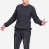 INTI0388 INTI ALPACA Irish Aran Sweater for Men - Hand Cable Knitted Crewneck Pullover in Dark Gray Alpaca Wool