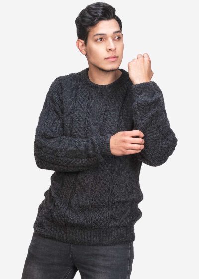 INTI0388 INTI ALPACA Irish Aran Sweater for Men - Hand Cable Knitted Crewneck Pullover in Dark Gray Alpaca Wool