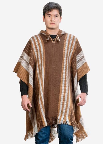 INTI ALPACA Alpaca Hooded Poncho for Men- Wool Cape with Hood - Winter Long Poncho - Comfortable House Coat Brown