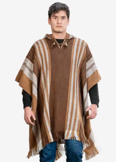 INTI ALPACA Alpaca Hooded Poncho for Men- Wool Cape with Hood - Winter Long Poncho - Comfortable House Coat Brown