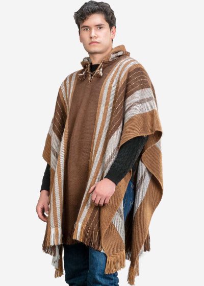 INTI ALPACA Alpaca Hooded Poncho for Men- Wool Cape with Hood - Winter Long Poncho - Comfortable House Coat Brown