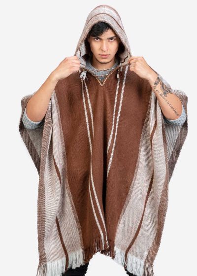 INTI0398 INTI ALPACA Mens Poncho Cape in Brown and White Alpaca Wool - Hoodie Casual Coat -Fashion Long Poncho