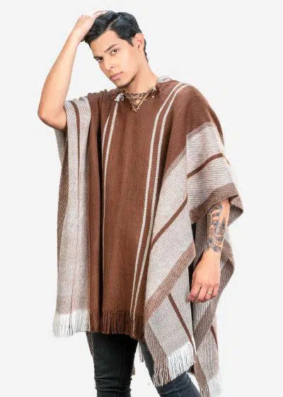 INTI0398 INTI ALPACA Mens Poncho Cape in Brown and White Alpaca Wool - Hoodie Casual Coat -Fashion Long Poncho