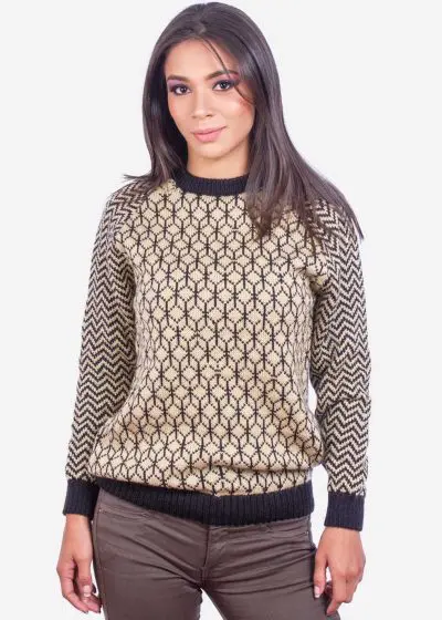 INTI0399 INTI ALPACA Alpaca Sweater for Women - Black and Beige Crewneck - Sweater for Winter