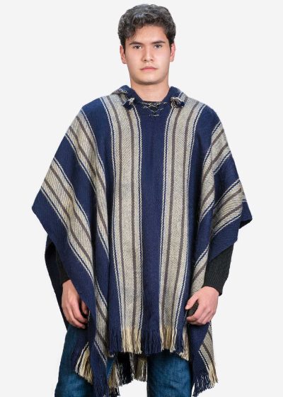 INTI0400 INTI ALPACA Mens Cape Poncho in Navy Blue and Beige Wool - Alpaca Hooded Peruvian Poncho - Fashion Cloak Cape - Artisan Crafted