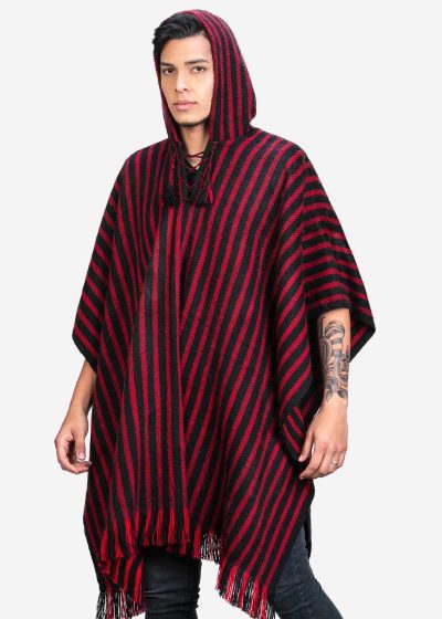 INTI0401 INTI ALPACA Red and Black Hooded Alpaca Poncho for Winter - Peruvian Artisan Crafted - Traditional Cloak Cape