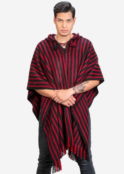 INTI0401 INTI ALPACA Red and Black Hooded Alpaca Poncho for Winter - Peruvian Artisan Crafted - Traditional Cloak Cape