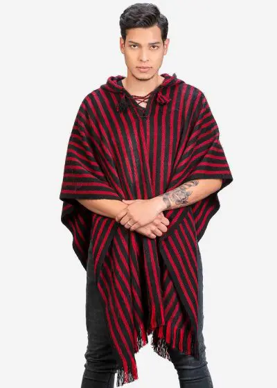 INTI0401 INTI ALPACA Red and Black Hooded Alpaca Poncho for Winter - Peruvian Artisan Crafted - Traditional Cloak Cape