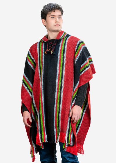 INTI0402 INTI ALPACA Traditional Hooded Poncho for Men in Black and Red Alpaca Wool - Cloak Cape for Winter