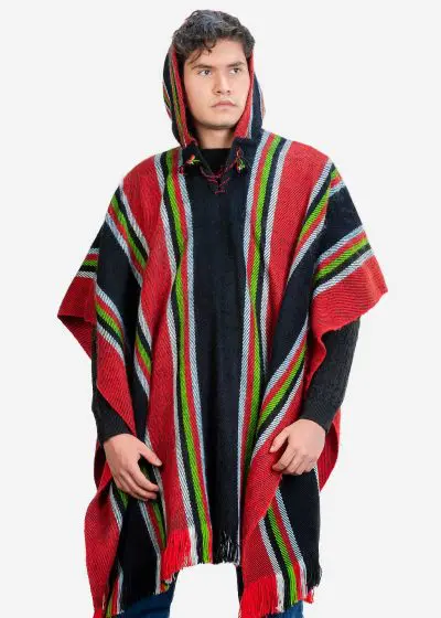 INTI0402 INTI ALPACA Traditional Hooded Poncho for Men in Black and Red Alpaca Wool - Cloak Cape for Winter