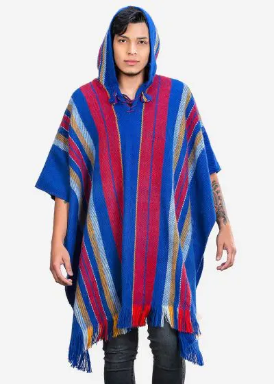INTI0403 INTI ALPACA Hooded Poncho for Men in Royal Blue Alpaca - Modern Long Cloak Cape - Wool Hoodie