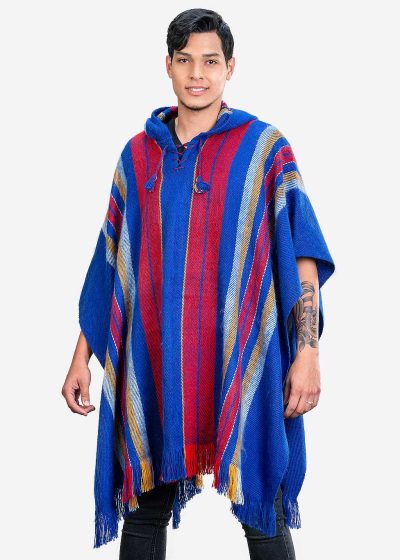 INTI0403 INTI ALPACA Hooded Poncho for Men in Royal Blue Alpaca - Modern Long Cloak Cape - Wool Hoodie