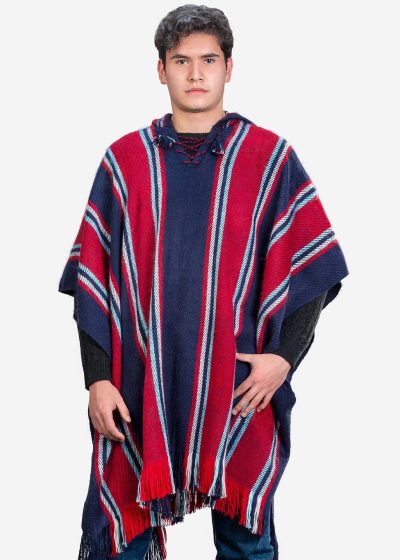 INTI0405 INTI ALPACA Navy Blue and Red Hooded Poncho for Men - Cloak Cape Handmade by Peruvian Artisans in Alpaca Wool