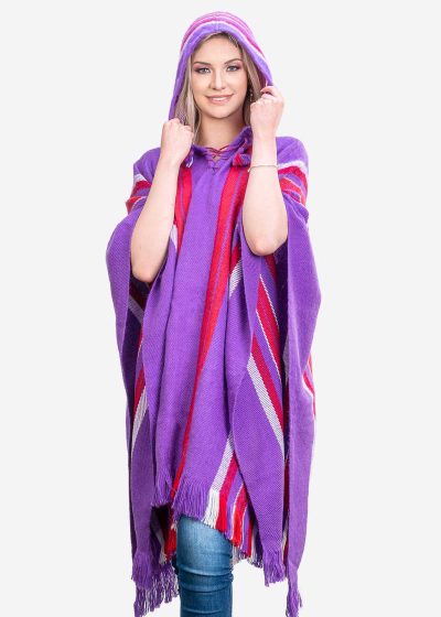 INTI0406 INTI ALPACA Purple Hoodie Alpaca Poncho for Women - Handmade Cape in Soft Alpaca Wool - Winter Fashion - Wool Cape "Lima"