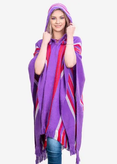 INTI0406 INTI ALPACA Purple Hoodie Alpaca Poncho for Women - Handmade Cape in Soft Alpaca Wool - Winter Fashion - Wool Cape "Lima"