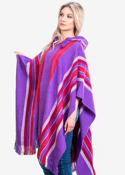 INTI0406 INTI ALPACA Purple Hoodie Alpaca Poncho for Women - Handmade Cape in Soft Alpaca Wool - Winter Fashion - Wool Cape "Lima"