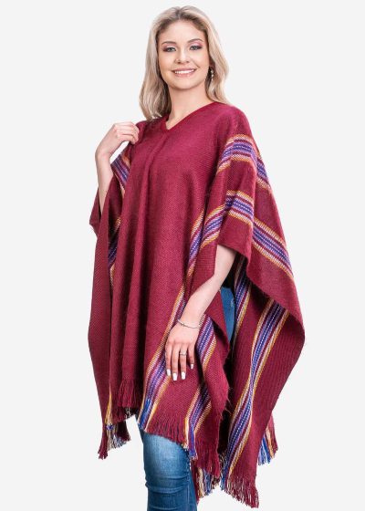 INTI0407 INTI ALPACA Women's Alpaca Poncho with V-Neck - Handmade Cape in Burgundy Alpaca Wool - Winter Fashion - Traditional Peruvian Poncho