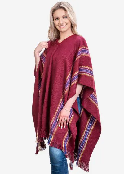INTI0407 INTI ALPACA Women's Alpaca Poncho with V-Neck - Handmade Cape in Burgundy Alpaca Wool - Winter Fashion - Traditional Peruvian Poncho