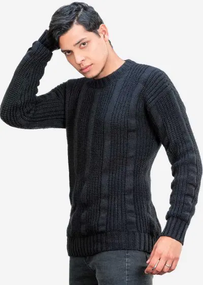 INTI0409 INTI ALPACA Thick Handmade Jumper for Men in Black Alpaca Wool - Winter Crewneck Pullover - Chunky Knit Sweater
