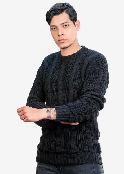 INTI0409 INTI ALPACA Thick Handmade Jumper for Men in Black Alpaca Wool - Winter Crewneck Pullover - Chunky Knit Sweater