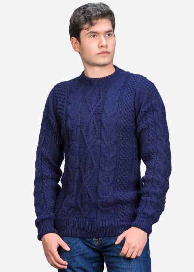 INTI0410 INTI ALPACA Men’s Irish Fisherman Aran Sweater in Blue Alpaca Wool "Lugh" - Winter Pullover - Cable Knit Jumper