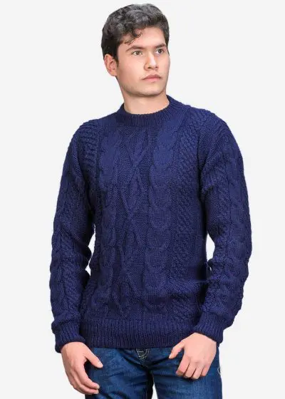 INTI0410 INTI ALPACA Men’s Irish Fisherman Aran Sweater in Blue Alpaca Wool "Lugh" - Winter Pullover - Cable Knit Jumper