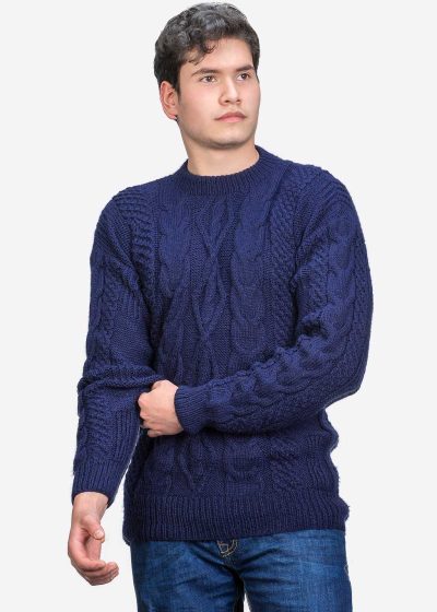 INTI0410 INTI ALPACA Men’s Irish Fisherman Aran Sweater in Blue Alpaca Wool "Lugh" - Winter Pullover - Cable Knit Jumper