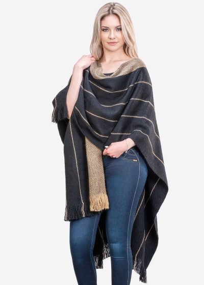 INTI0411 INTI ALPACA Womens Ruana Poncho in Black and Beige Wool - Alpaca Wrap - Wool Long Cape- Fashion Cape Poncho Tokio