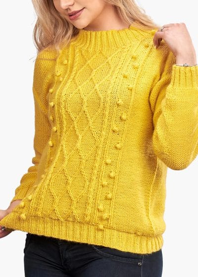 NTI0426 INTI ALPACA Women Crewneck-Yellow Alpaca Sweater-London - Aran-Pullover - Norwegian Pullover Handmade in Alpaca Wool