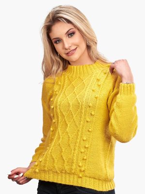 INTI0426 INTI ALPACA Women Crewneck-Yellow Alpaca Sweater-London - Aran-Pullover - Norwegian Pullover Handmade in Alpaca Wool