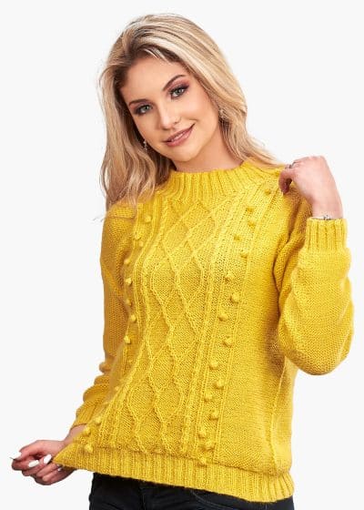 INTI0426 INTI ALPACA Women Crewneck-Yellow Alpaca Sweater-London - Aran-Pullover - Norwegian Pullover Handmade in Alpaca Wool