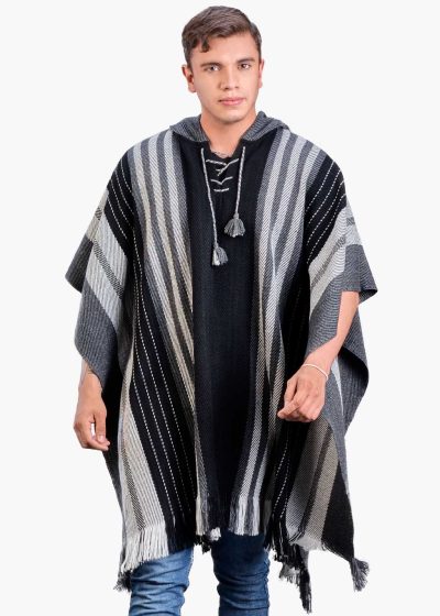 INTI0453 INTI ALPACA Alpaca Hooded Poncho for Men- Wool Cape with Hood - Winter Long Poncho - Comfortable House Coat - Black Cloak Cape