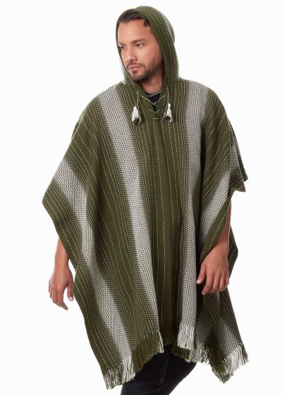 INTI0459 INTI ALPACA Mens Hooded Poncho - Alpaca Cloak Cape for winter Season - Western Cowboy knitted in Green Wool