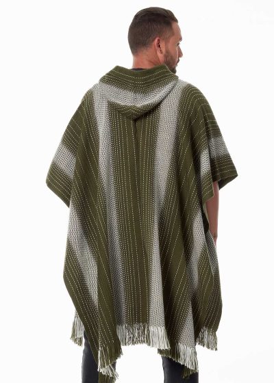 INTI0459 INTI ALPACA Mens Hooded Poncho - Alpaca Cloak Cape for winter Season - Western Cowboy knitted in Green Wool