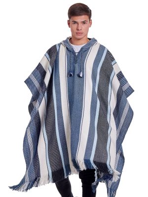 INTI0462 INTI ALPACA STRIPED BLUE ALPACA PONCHO FOR MEN WESTERN CLOAK WITH HOOD