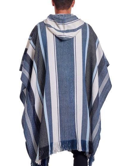 INTI0462 INTI ALPACA STRIPED BLUE ALPACA PONCHO FOR MEN WESTERN CLOAK WITH HOOD